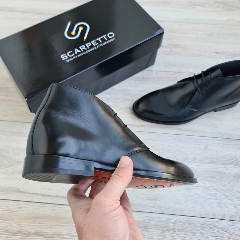Premium Leather Black Chukka Boots, Mens Lace-up Ankle Boots, Hand-Stitched Sole - Picture 3 of 6